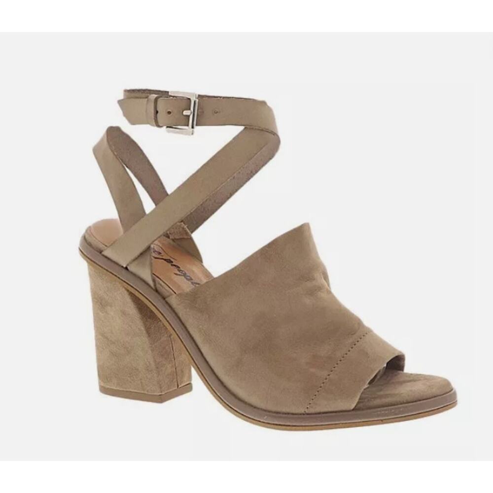 Free People See Ya There Tan Suede Sandal EU 38 US 7.5 Block Heel Ankle Wrap